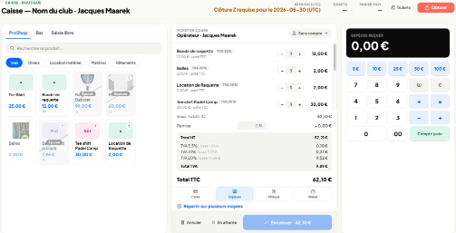 Écran caisse MySportbay : catalogue ProShop, ticket en cours et encaissement espèces