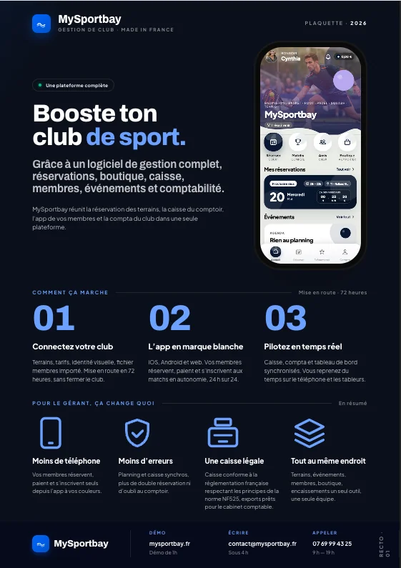 Plaquette MySportbay, page 1 : application mobile et bénéfices gérant