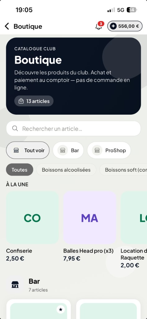 Écran Boutique : catalogue club, filtres Bar et ProShop