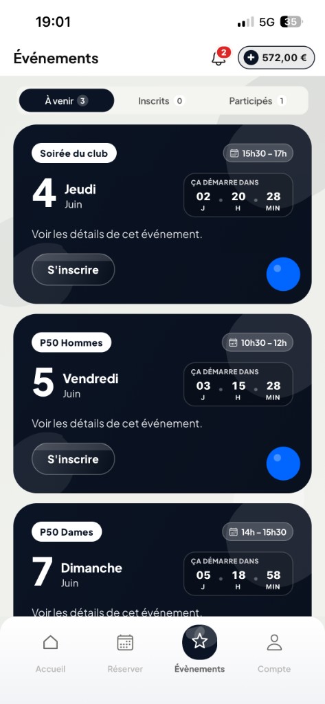 Écran Évènements : tournois à venir, compte à rebours et inscription