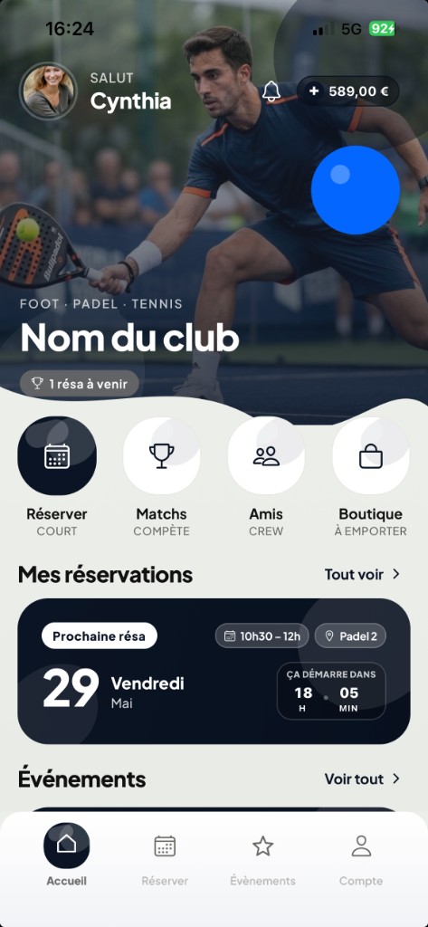 Écran d'accueil MySportbay : réservations, événements et navigation