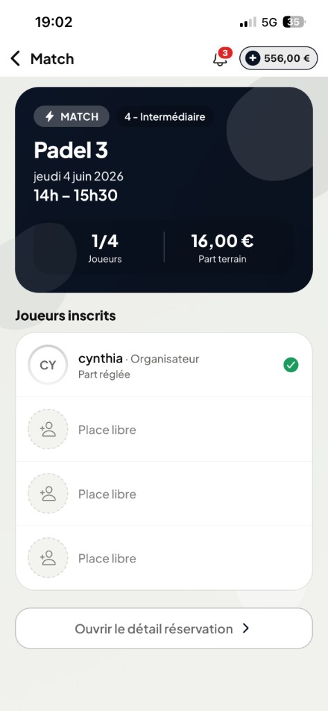 Écran Match : détail partie, joueurs inscrits et part terrain