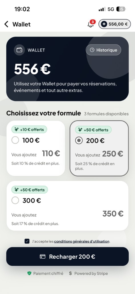 Écran Wallet : solde, formules de recharge et paiement Stripe