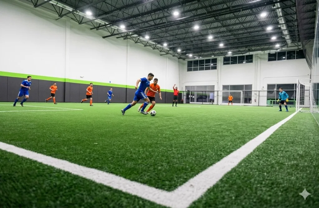 Match de foot 5 en salle sur terrain synthétique