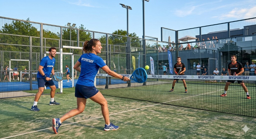Logiciel de gestion de club de sport, joueurs sur terrain de padel extérieur